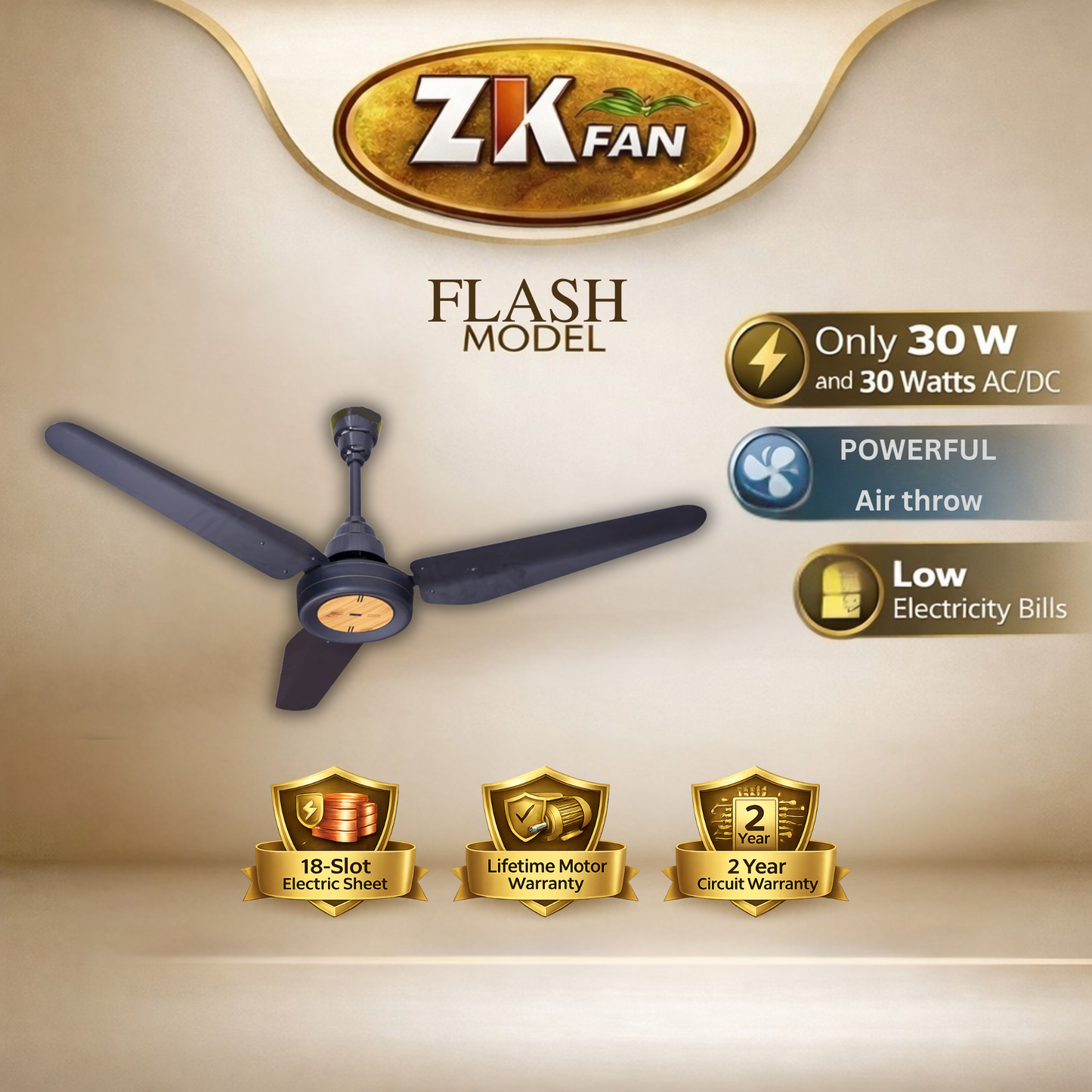 ZK FAN Flash Model 30W AC/DC ceiling fan with 70% electricity saving, high speed motor, copper winding & remote control. Best fan in Pakistan.