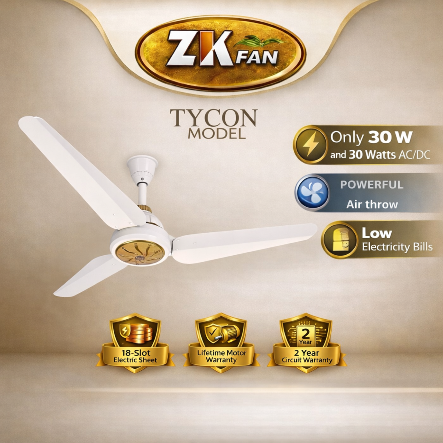 30 watt AC DC ceiling fan Pakistan ZK Fans TYCON model
