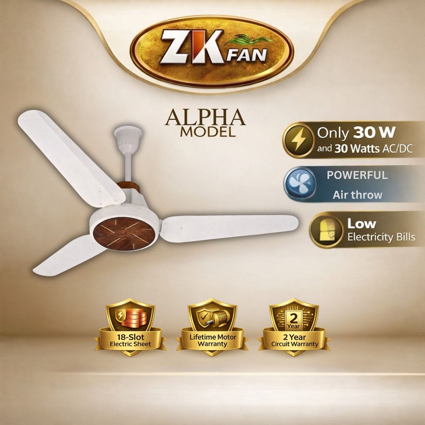 ZK FAN Alpha Model 30W AC/DC ceiling fan with 70% electricity saving, 18 slot motor, copper winding & remote control. Best fan in Pakistan.
