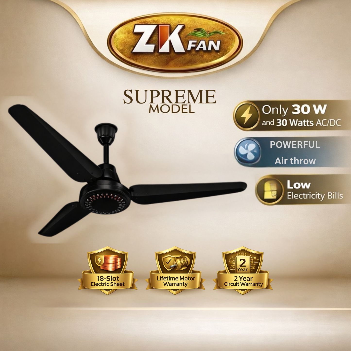 ZK FAN Supreme Model 30 Watt AC DC ceiling fan with premium design and energy saving technology Pakistan