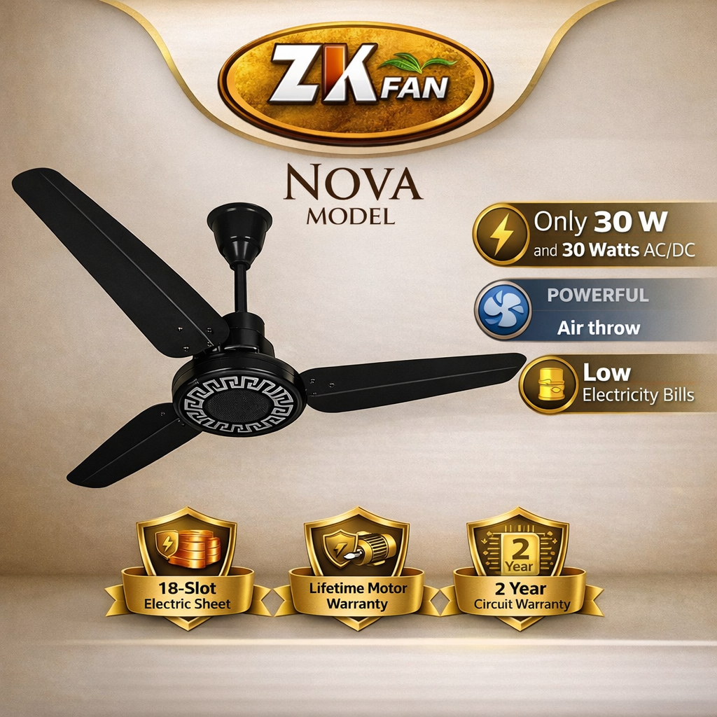 ZK FAN Nova is a 30 watt energy saving AC/DC ceiling fan designed for efficient cooling and low electricity consumption in Pakistan.