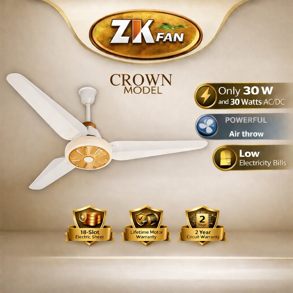 	•	zk fan crown model energy saving fan
	•	crown ceiling fan black design pakistan
	•	30w inverter fan crown model

ZK FAN Crown Model is a 30 watt energy saving AC/DC ceiling fan designed for maximum cooling with minimum electricity consumption in Pakistan.