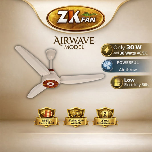 ZK FAN Airwave Model 30 Watt AC DC ceiling fan with powerful airflow and energy saving design Pakistan