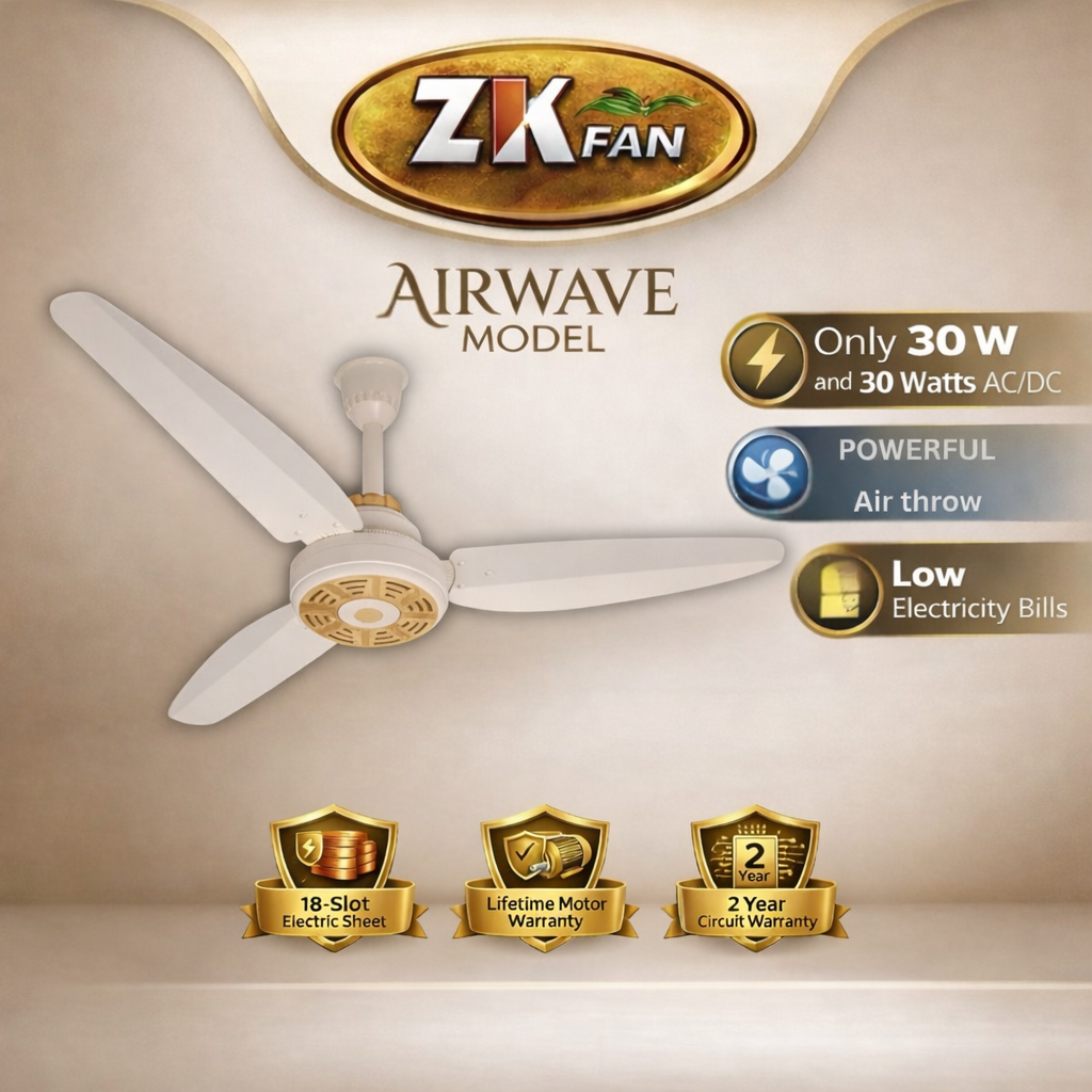 ZK FAN Airwave Model 30 Watt AC DC ceiling fan with powerful airflow and energy saving design Pakistan