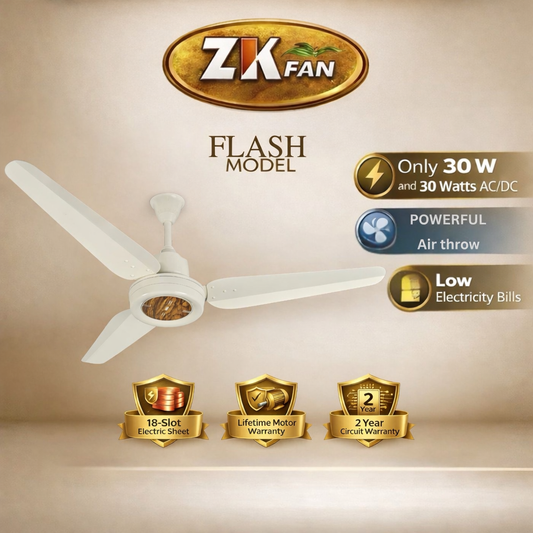 ZK FAN Flash Model 30W AC/DC ceiling fan with 70% electricity saving, high speed motor, copper winding & remote control. Best fan in Pakistan.
