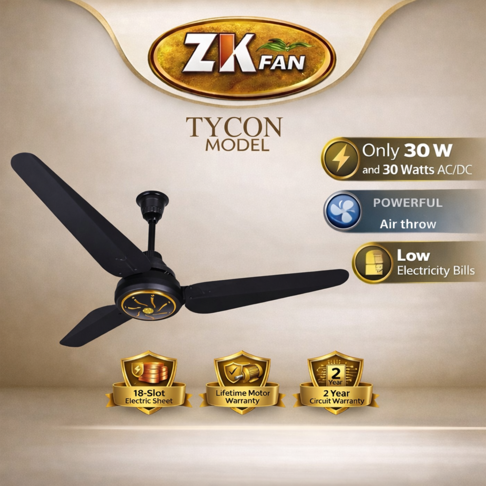 30 watt AC DC ceiling fan Pakistan ZK Fans TYCON model