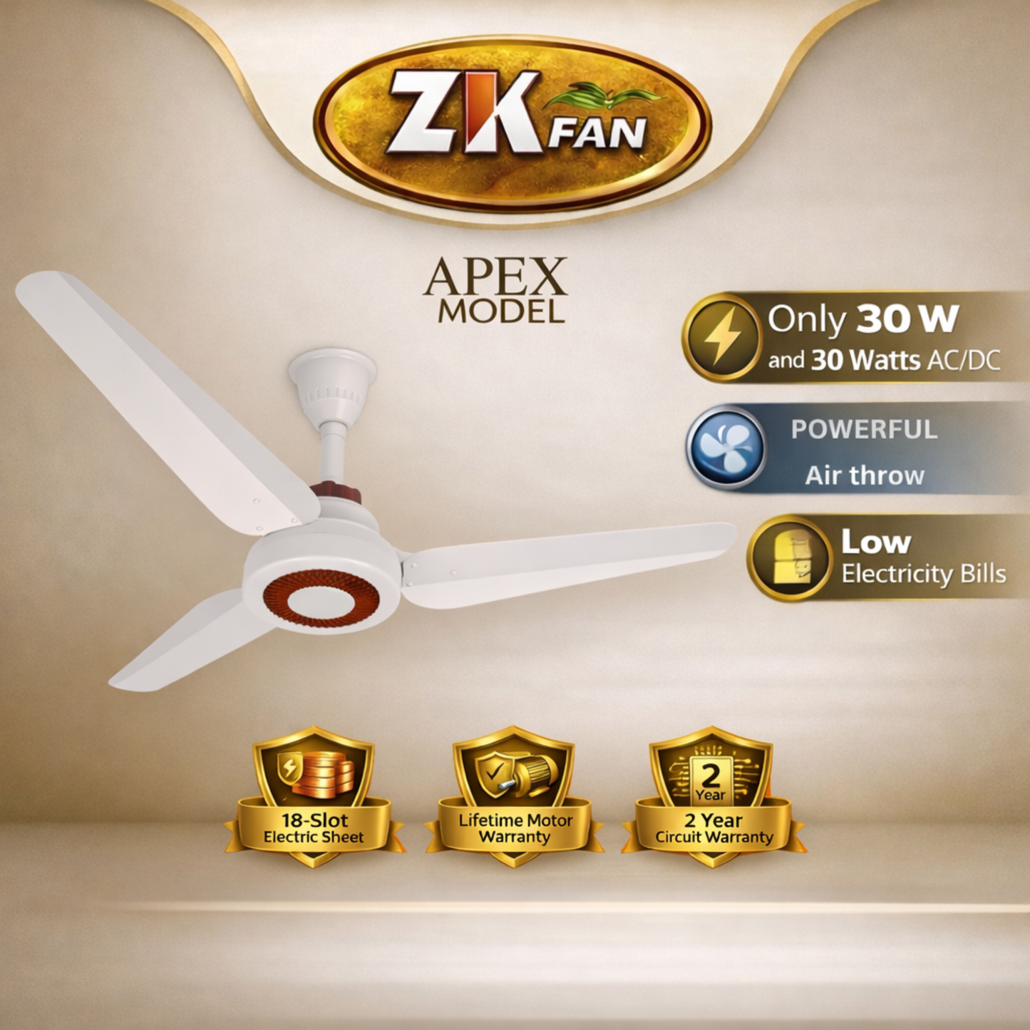 ZK FAN Apex Model 30 watt AC/DC ceiling fan. Energy saving fan with strong air throw, copper motor, and modern design. Save up to 70% electricity. Delivery all over Pakistan.
