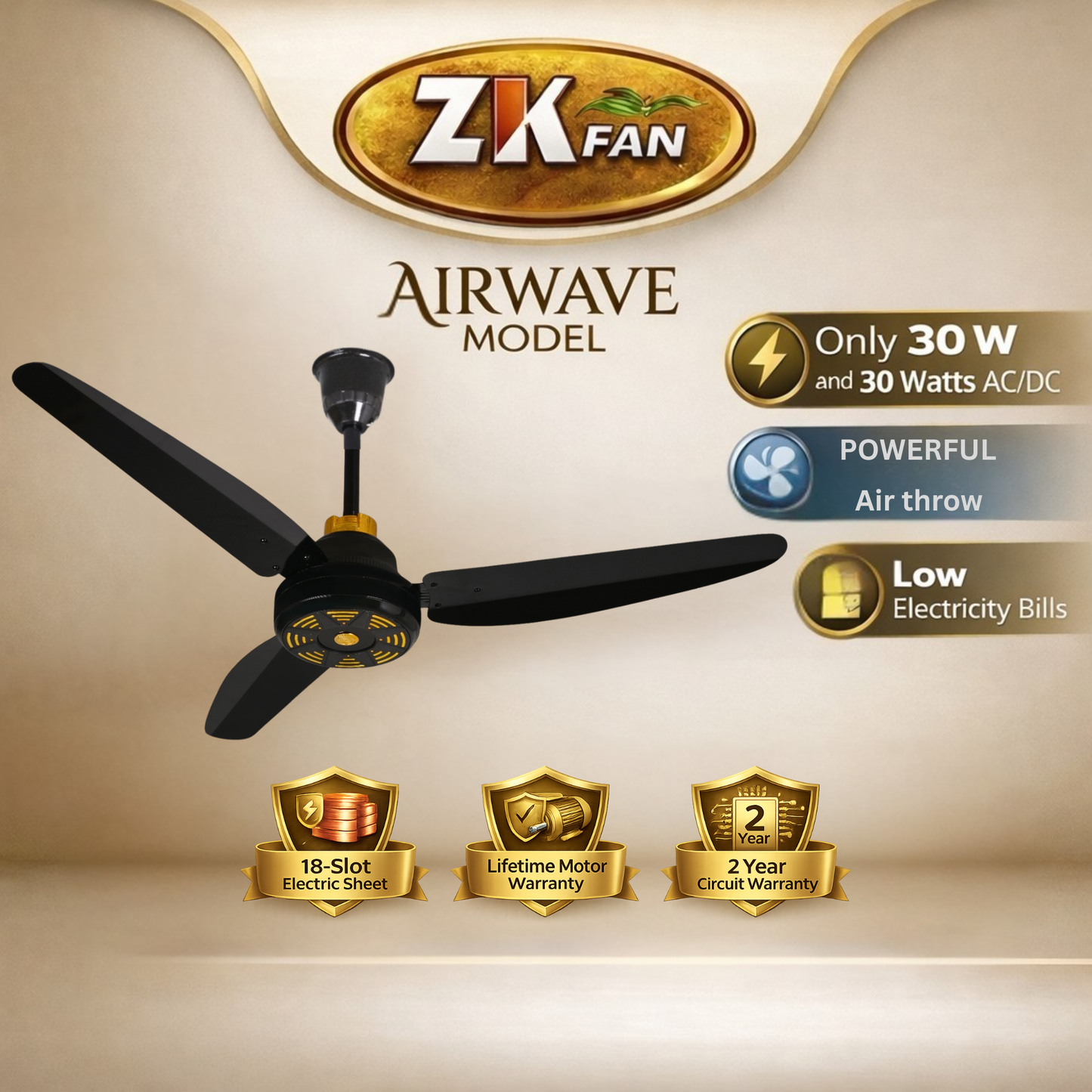 ZK FAN Airwave Model 30 Watt AC DC ceiling fan with powerful airflow and energy saving design Pakistan