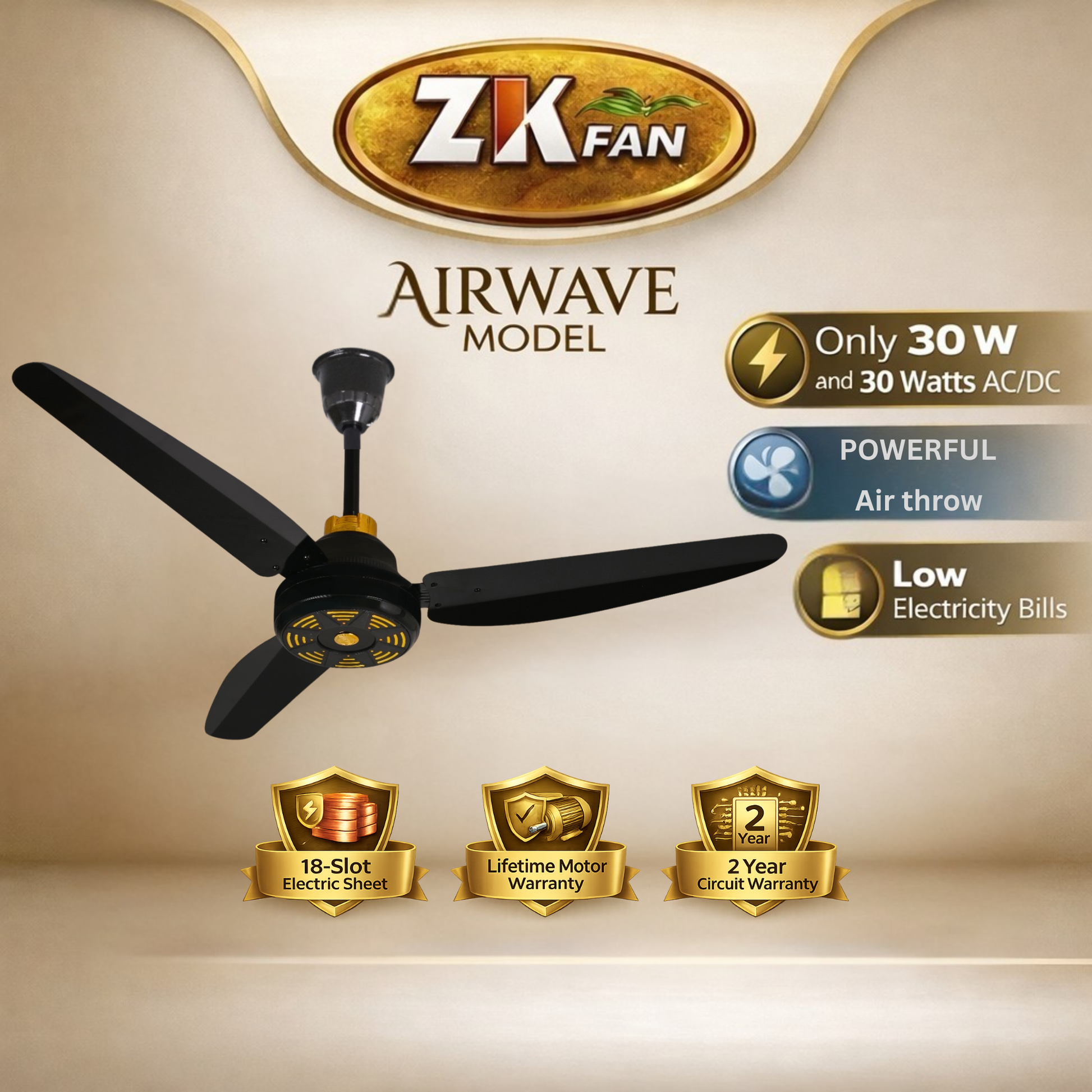 ZK FAN Airwave Model 30 Watt AC DC ceiling fan with powerful airflow and energy saving design Pakistan